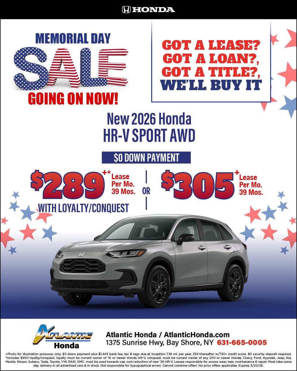 atlantichonda's tweet photo. Memorial Day deals are on at Atlantic Honda. Lease specials are happening now on the 2026 Accord, Civic, CR-V, HR-V, and Prologue. Have a lease, loan, or title? We want to buy your vehicle too. 🇺🇸🚗💰 https://t.co/ZAJH7Xccva