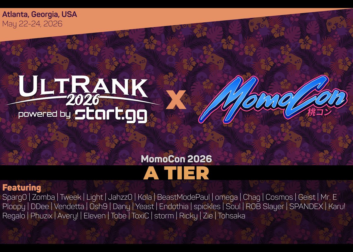 UltRankSSB's tweet photo. Things are looking just peachy for MomoCon 2026, returning to A tier status as one of potentially two NA majors on Memorial Day weekend! https://t.co/ZVcmXzCBfy