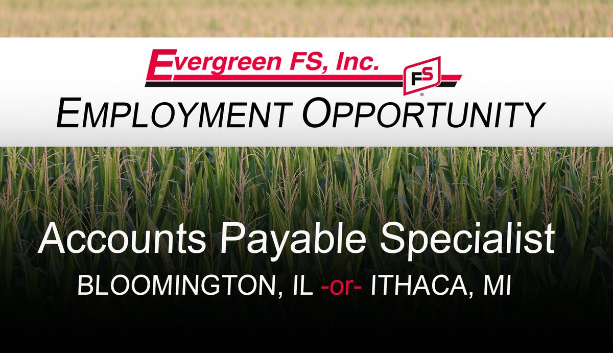 evergreenfsinc's tweet photo. We’re seeking a detail-oriented and organized Accounts Payable Specialist to support daily financial operations. This position can be based out of Bloomington, IL or Ithaca, MI. Excellent benefits include a pension, 401(k), and medical insurance. Apply at https://t.co/HFfoL8EGYK. https://t.co/fcx0l9I6zi
