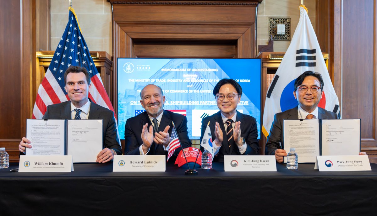 TradeGov's tweet photo. 📣 Today @CommerceGov and @MOTIRKoreaEng signed an MOU establishing the Korea-U.S. Shipbuilding Partnership Initiative and Center to strengthen bilateral cooperation in commercial shipbuilding, workforce development, industrial modernization, and maritime manufacturing investment. 🚢⚓️

Learn more: https://t.co/3xMfbI4aV3