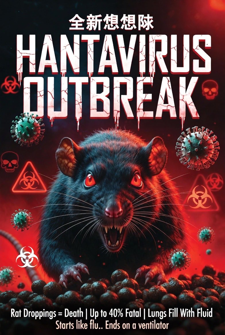 🚨 HANTAVIRUS OUTBREAK ALERT 🐀☠️

Deadly virus hits cruise ship — 3 DEAD, 8 cases (Andes strain).

Starts like flu… then lungs fill with fluid. Up to 40% fatal.

Rat droppings = silent killer. Now possible human spread?!

Stay safe: Mask up, avoid rodent areas, watch symptoms.