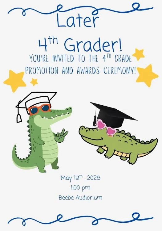 BeebeElementary's tweet photo. Will you post this please- 

4th Grade Parents! 
🎓 Tuesday, May 19th
“See Ya Later, Fourth Grader!” 🐊💚
📍 Pinning &amp; End-of-Year Awards Ceremony
🕐 Begins at 1:00 PM
Families are welcome to attend! https://t.co/664P9w2vQM