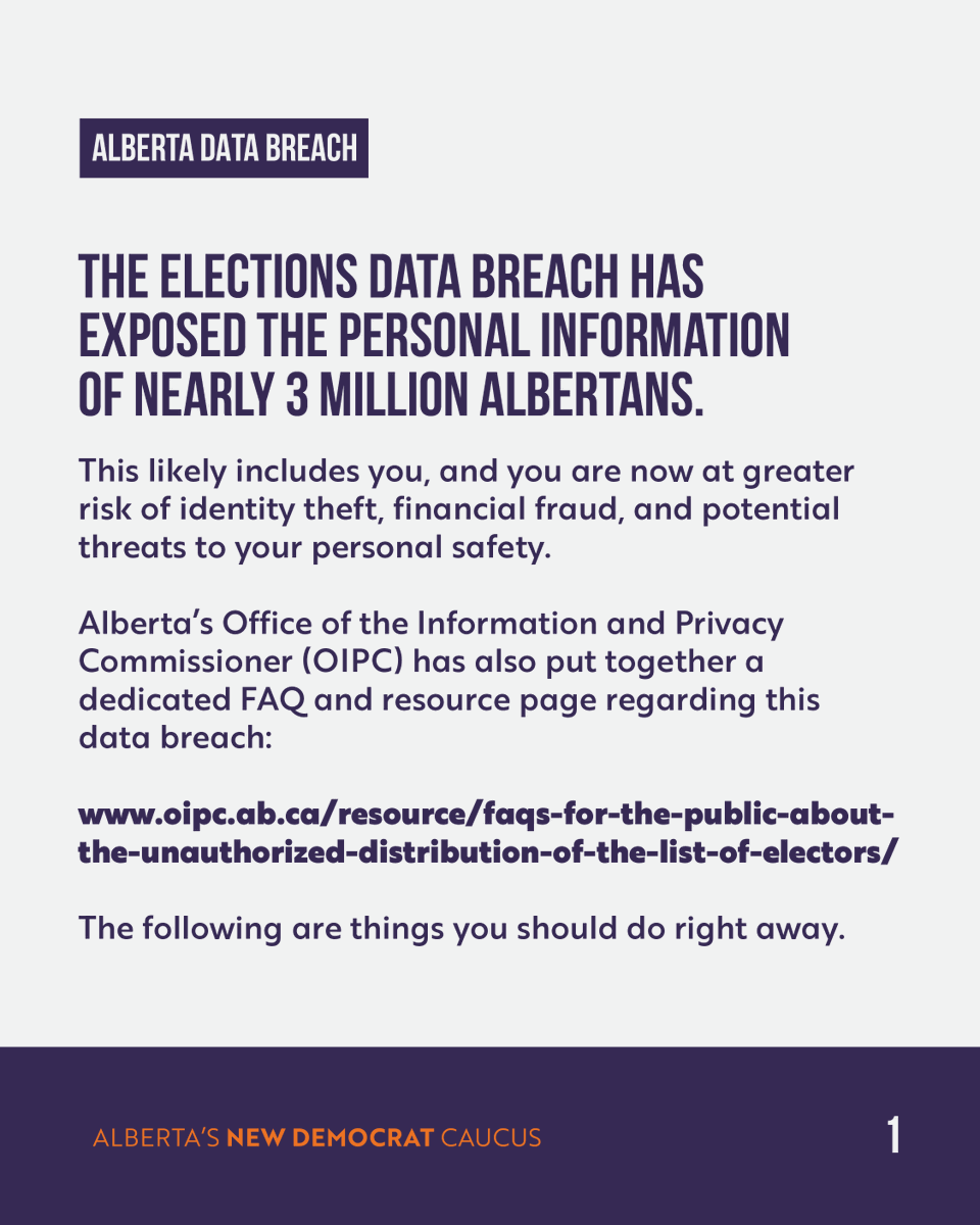nenshi's tweet photo. Alberta’s Office of the Information and Privacy Commissioner (OIPC) has put together a dedicated FAQ and resource page regarding this data breach, which can be found here: https://t.co/mmtvAjoPn4 /2 https://t.co/2F0KDyy1oN