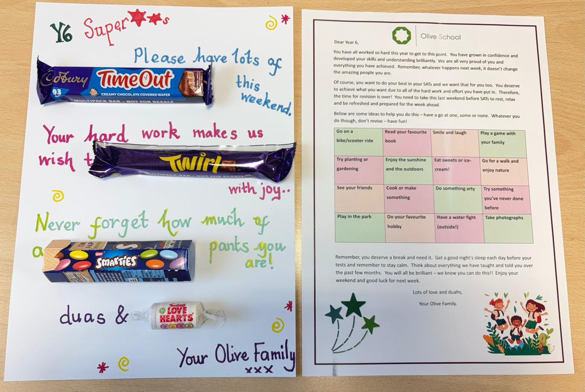 olive_bolton's tweet photo. Sending our Year 6 pupils home with some sweet words this weekend #Year6 #Ambition #Respect #WeAreStar #SATs #Wellbeing #Gifts #PositiveThoughts #Relaxation #TimeOut #SwitchOff https://t.co/n3HahngEuw