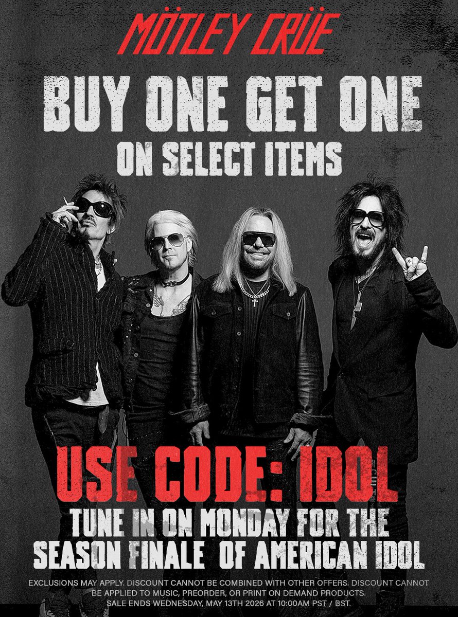 MotleyCrue's tweet photo. Buy One, Get One on select items now at the Official Mötley Crüe store 🔥‼️
Use the code : IDOL at checkout. 📎 https://t.co/pU2MkibvXT 
Tune in on Monday for season finale of @AmericanIdol 🙌 https://t.co/R4gWVf8Lcm