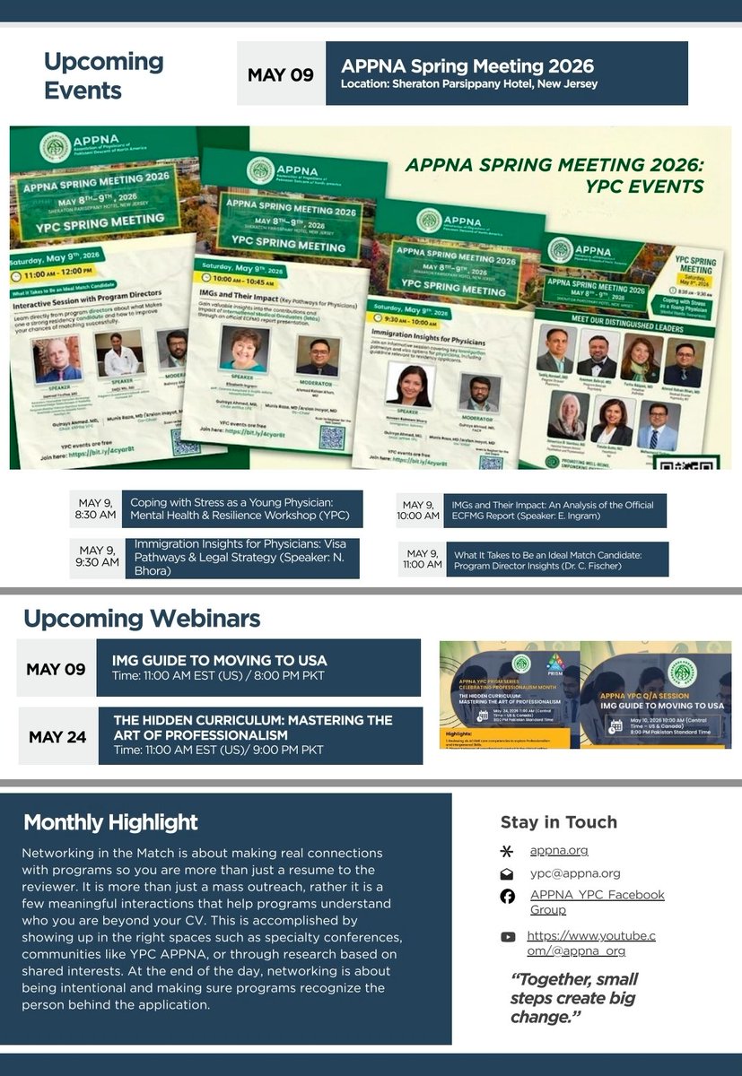 appnaypc's tweet photo. Excited to share the very first @APPNA  YPC Newsletter highlighting our recent initiatives, upcoming webinars/events, residency guidance, and member achievements.

Huge thanks to our dedicated volunteers who made this possible. 

A request to Read &amp; Share!

#APPNAYPC #Match2027 https://t.co/gAhdNom3eb