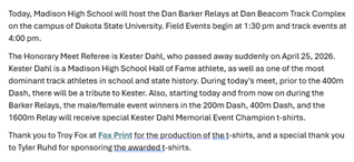 DakSt8Football's tweet photo. Special Day today at the Madison HS Dan Barker Relays to honor Kester Dahl! https://t.co/zggKagq9o1