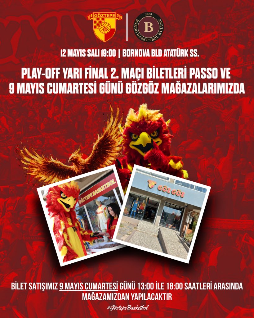 GoztepeBSKT's tweet photo. 📣 Play-off yarı final 2. maç biletlerinin satışı, yarın 13.00 ile 18.00 saatleri arasında mağazamızda yapılacaktır 🎟️ 

#GöztepeBasketbol https://t.co/IEHiKQcaW7