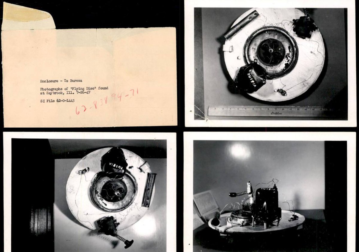 🇺🇸🇷🇺 | Entre los archivos desclasificados por el Departamento de Guerra, destacan imágenes de un "disco volador" con la inscripción "RUSIA" hallado en Illinois en 1947. El material, enviado originalmente al FBI, forma parte de los documentos revelados sobre encuentros con OVNIS.