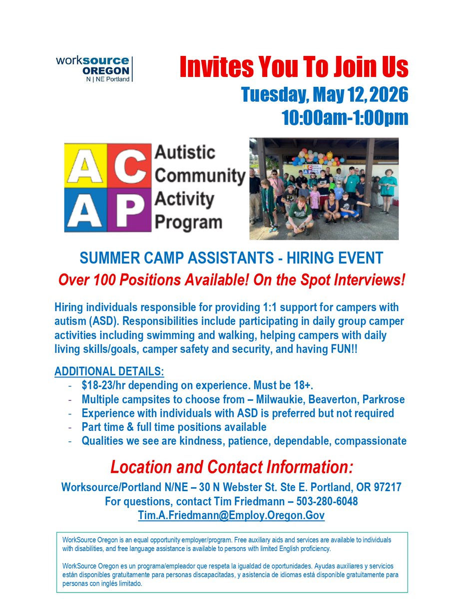 WS_Portland's tweet photo. Looking for a summer job that is both fun and rewarding?  Come join us at Worksource Oregon North Portland on Tuesday to learn about ACAP's Camp Assistant roles.  Over 100 positions available!  See flyer for details! https://t.co/Fh8fMEab4q