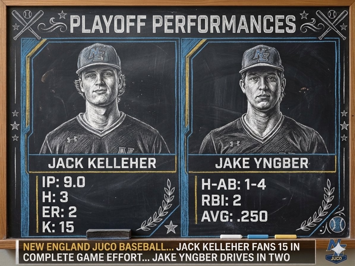 ne_jucobaseball's tweet photo. Jack Kelleher with a 15 K performance and a crucial 2 RBI single by Jake Yngber helps propel Northern Essex CC to championship finals. https://t.co/ZRFv4Vot3d