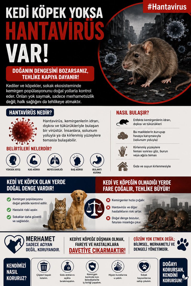 Doğadaki dengeyi bozarsanız sonuçlarına da katlanırsınız.

Kedileri, köpekleri hedef gösterip sokakları sessizleştirirken; fareleri, kemirgenleri ve salgın risklerini düşündünüz mü?

Bir ekosistem nefretle yönetilmez.

#Hantavirüs