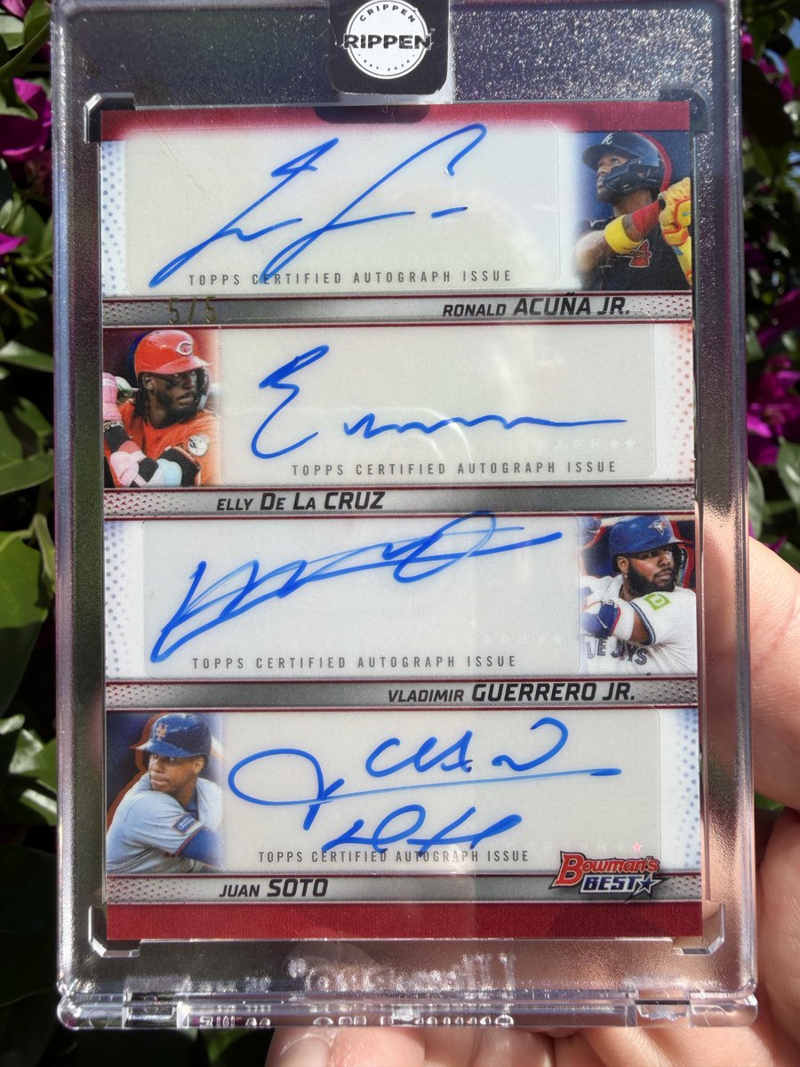 natemcg13's tweet photo. Pulled an absolute NUKE last night in a box of Bowman’s Best with one of my favorite local guys!!

5/5 
Ronald Acuna Jr.
Elly De La Cruz 
Vladimir Guerrero Jr.
Juan Soto

@CardPurchaser 
@Topps 
@CrippenRippenC https://t.co/nbV5CA7kL2