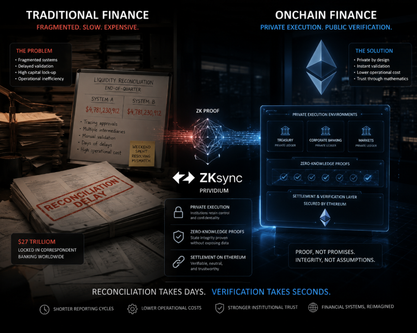 ToimurB97512's tweet photo. A bank compliance team once spent an entire weekend resolving why two internal systems showed different end-of-quarter liquidity numbers.

Not because funds were missing.

Because proving which ledger version was final required tracing approvals across multiple intermediaries.

That coordination problem exists across much of traditional finance.

Correspondent banking alone still locks around $27 trillion in pre-funded capital globally.

A large part of that friction comes from delayed validation between fragmented systems.

Public chains solve verification well.

But most institutions cannot expose treasury activity, client flows, or internal positions in fully transparent environments.

Private infrastructure solves confidentiality.

But external oversight still requires provable integrity.

What stands out with @zksync Prividium is that it separates privacy from validation.

Execution stays inside permissioned institutional environments.

But finalized state transitions generate zero-knowledge proofs anchored to Ethereum.

So oversight no longer depends entirely on trusting internal records.

Auditors can confirm state integrity mathematically without accessing sensitive operational data.

That reduces reconciliation overhead, shortens reporting cycles, and lowers the operational cost of institutional trust.

Feels less like digitizing finance.

More like redesigning how financial systems coordinate in the first place.