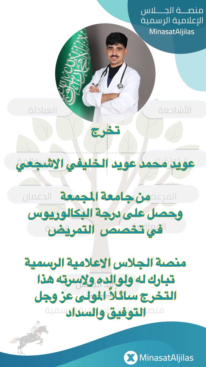 MinasatAljilas's tweet photo. #تخرج 

عويد محمد عويد الخليفي الاشجعي

من #جامعة_المجمعة
 وحصل على درجة #البكالوريوس 
 في تخصص  #التمريض
 
#منصة_الجلاس_الاعلامية_الرسمية
تبارك له ولوالده ولاسرته هذا 
التخرج سائلاً المولى عز وجل 
التوفيق والسداد
#الخليفات
#الاشاجعة 
#الجلاس
#الروله 
#عنزه https://t.co/GVPP3eTwXU