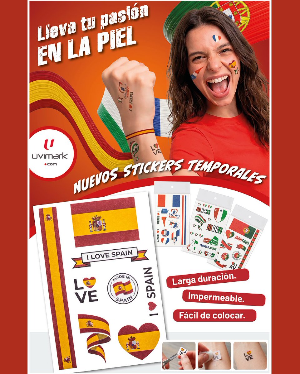 uvimark's tweet photo. En https://t.co/whOFi1vISw ya vamos calentando motores para el mundial de fútbol 2026, vive los colores de tu selección con estos packs variados de calcomanías. Ya tenemos los packs listos para los peincipales paises en los que Uvimark tiene alta presencia.
#mundialfutbol #calcomanias #tatuajestemporales #aficion