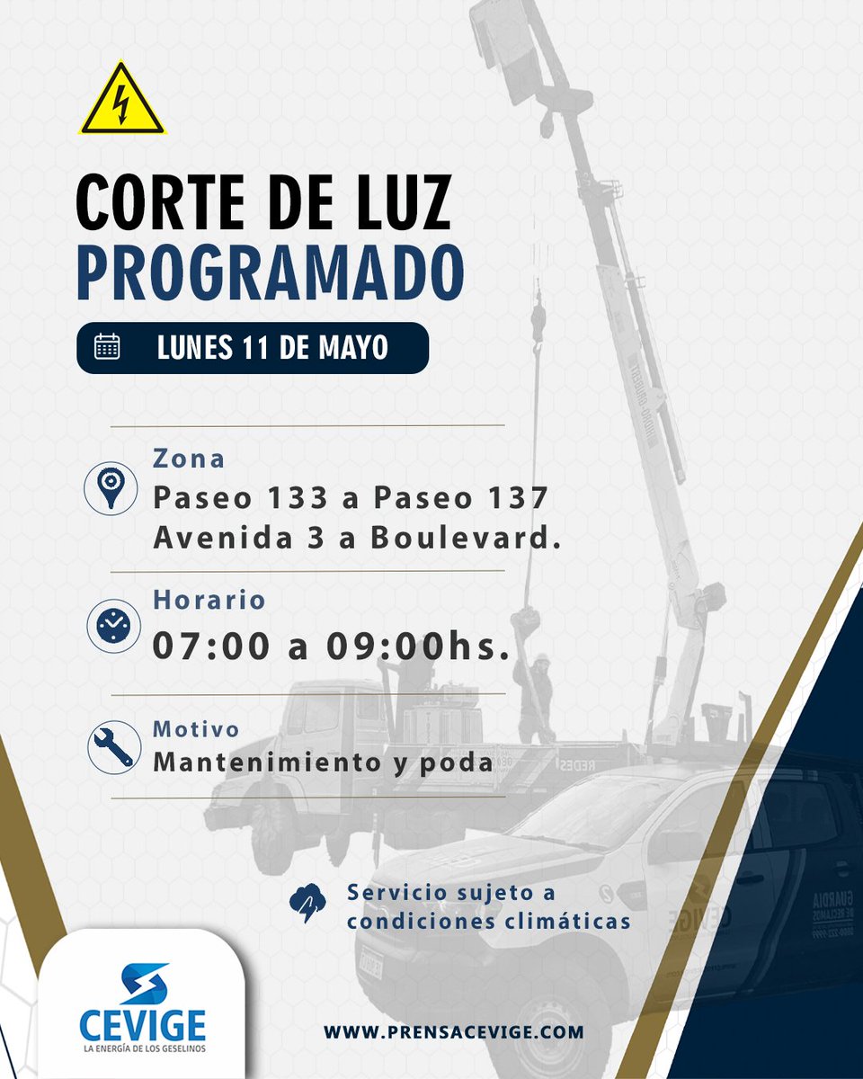 ⚡ ATENCIÓN: CORTE PROGRAMADO

📅 Lunes 11
⏰ 7:00–9:00 hs
📍 Paseo 133 a 137 | Av. 3 a Boulevard

🛠 Mantenimiento y poda

⚠️ Puede restablecerse antes
🌦 Sujeto al clima

#Cevige