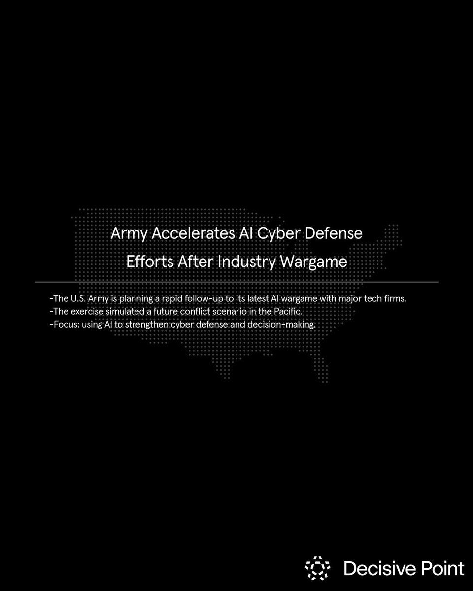 decisivepointvc's tweet photo. The Army is accelerating AI cyber defense efforts after a major wargame with 14 tech firms simulated AI-driven attacks during a future Pacific conflict.

Source: Sydney J. Freedberg Jr. - Breaking Defense https://t.co/xGzhFFSOkS