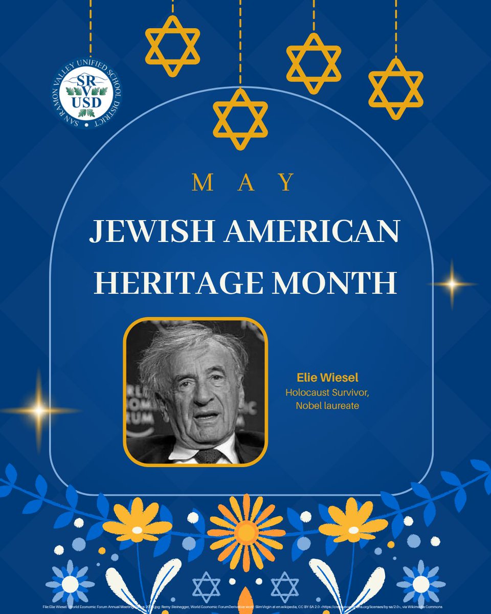 SRVUSD1's tweet photo. May is Jewish American Heritage Month.✡️ We honor the stories, achievements, and voices of Jewish Americans who have helped shape our history and inspire our future.  #WeAreSRVUSD https://t.co/KRmndmIp5w