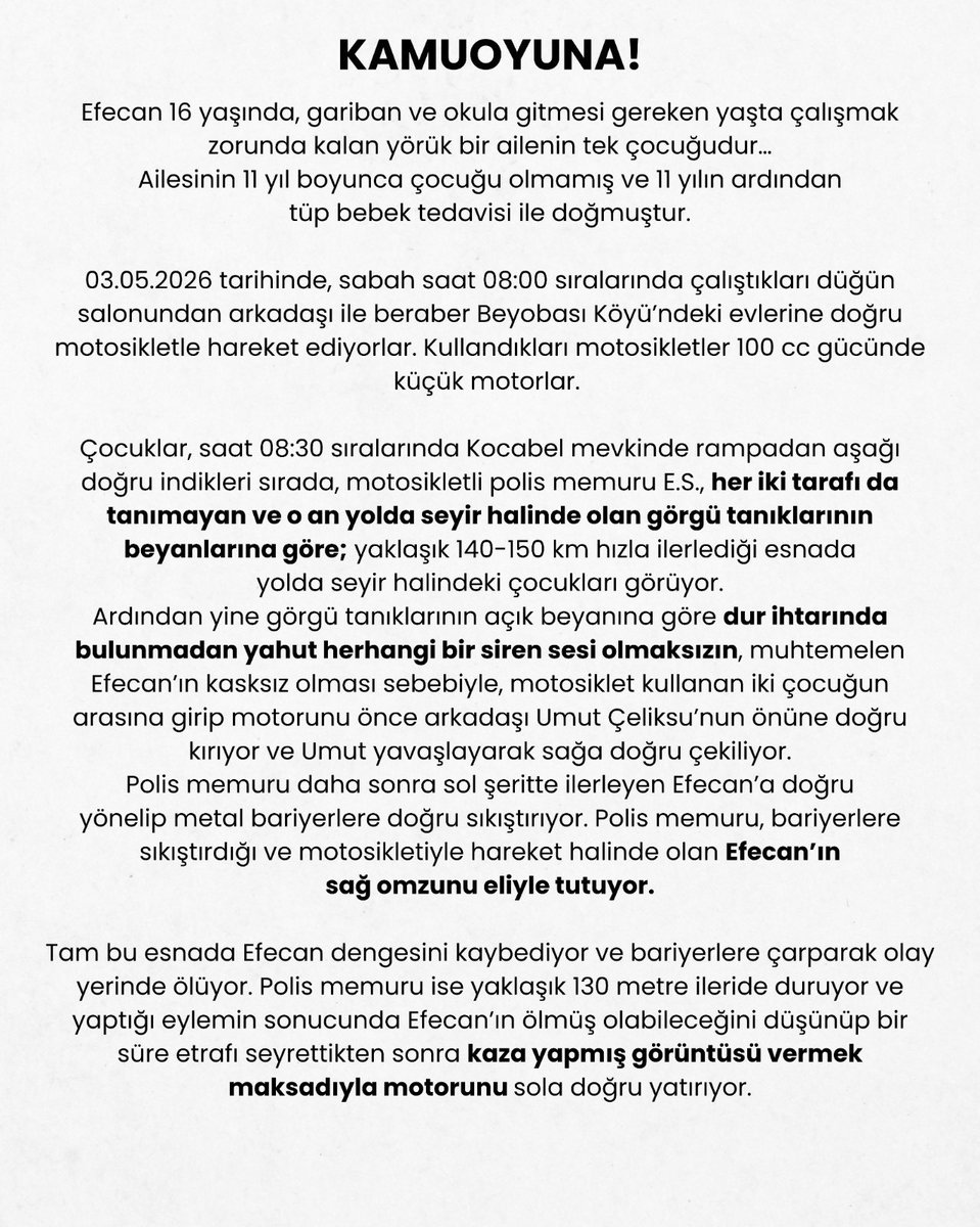 BuyukkayaerPasa's tweet photo. Olayın failinin sırf bir polis memuru olması sebebiyle, dosyanın kolluk tarafından basit bir kaza süsü verilerek kapatılmaya çalışılması toplumun adalete olan inancını derinden sarsmaktadır.

Talebimiz; faillerin hak ettikleri cezayı almaları için gereken adımların ivedilikle atılmasıdır.

Kamuoyuna saygıyla duyurulur.

Bayram Ailesi
Adına
Av. Paşa BÜYÜKKAYAER

#EfecanBayramİçinAdalet
