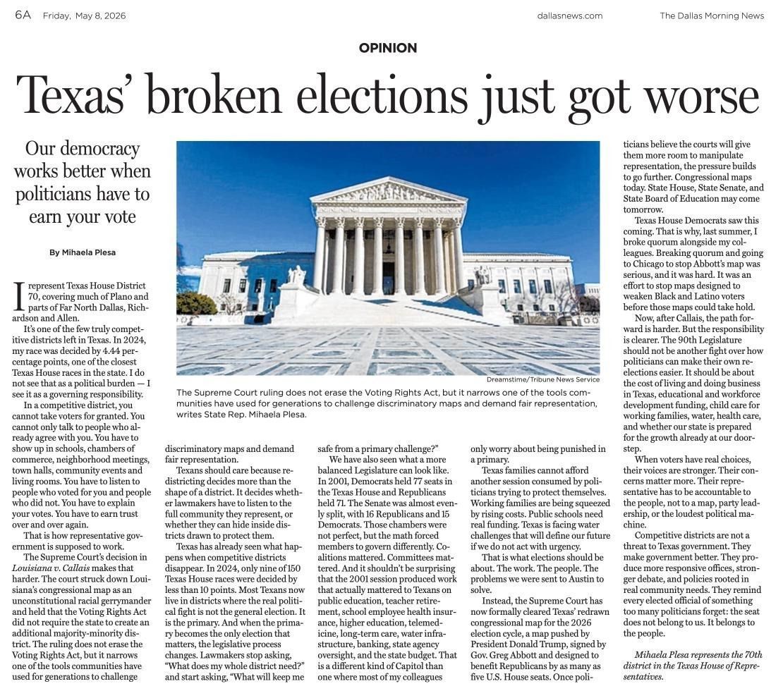 plesafortexas's tweet photo. A seat in the Texas House does not belong to a political party.

It does not belong to a map.

It does not belong to party leadership.

It belongs to the people.

That should not be controversial, but in Texas, too many politicians have drawn themselves districts where the only election that matters is the primary.

That changes how people govern. It makes politicians more afraid of losing power than failing their constituents.

I wrote about why competitive districts matter and why democracy works better when we have to earn your vote.

Read and share: https://t.co/YjnjVywyr3