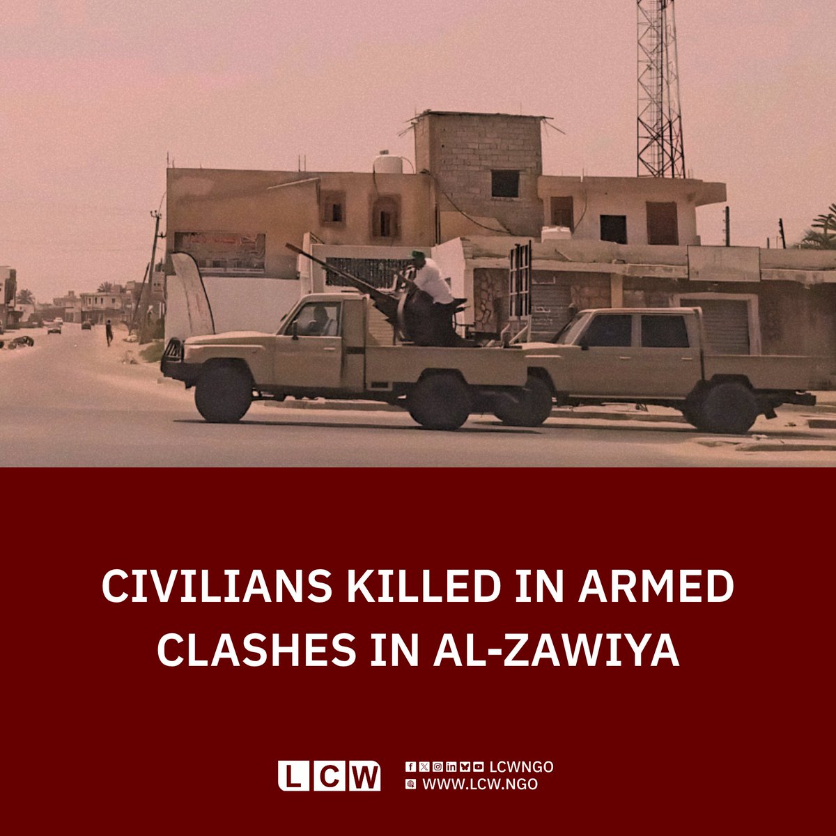 LCWNGO's tweet photo. Libya Crimes Watch (LCW) documented, on Friday, 8 May 2026, the killing of two (2) civilians, including a woman, and the injury of one (1) further woman in the city of Al-Zawiya, western Libya, following the impact of shells and shrapnel on residential properties and civilian infrastructure across several areas of the city

For more details, please visit our website via the link 🔗 in the replies.