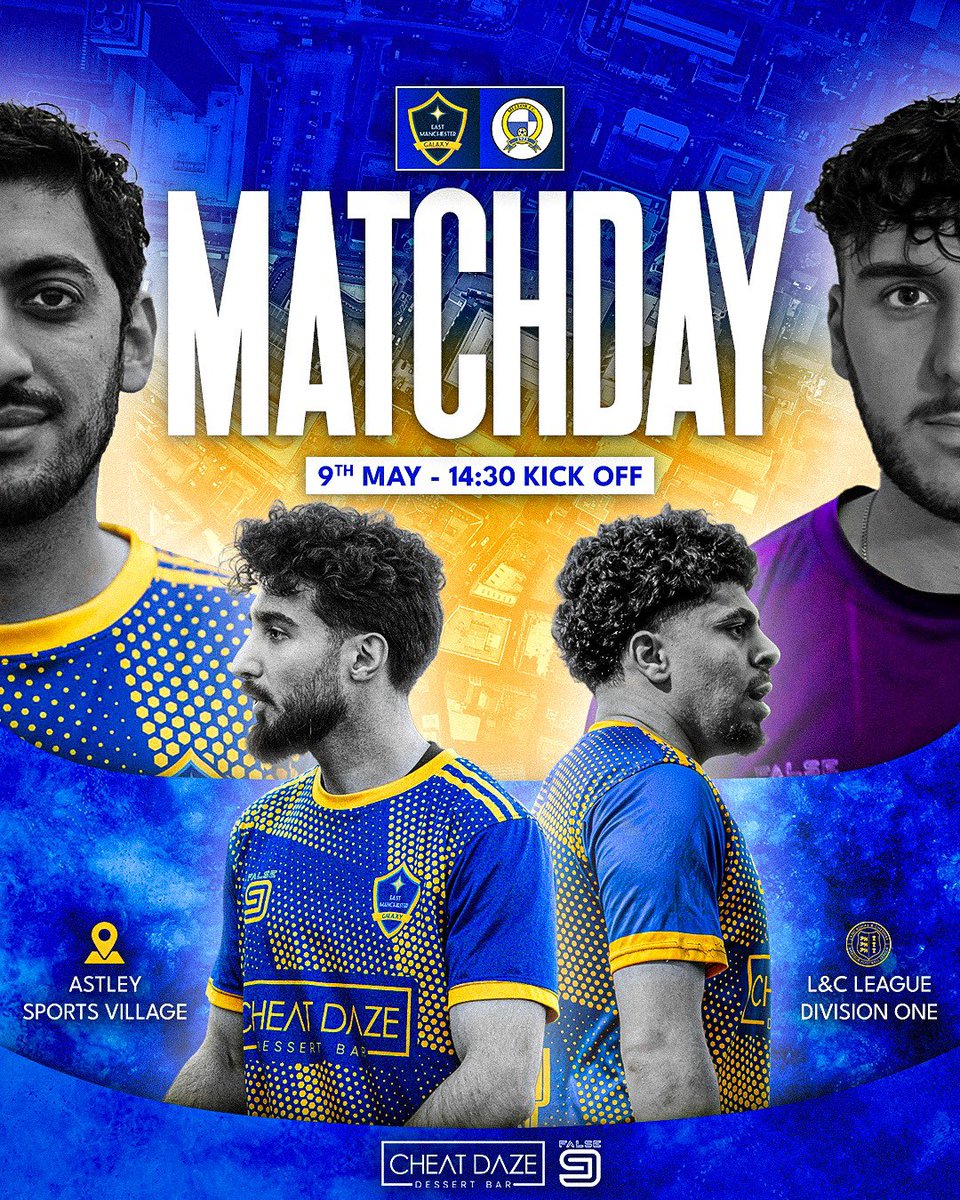 EMGFirstTeam's tweet photo. Matchday 1️⃣9️⃣ | L&amp;C League 🏆 | Fixture 📅

⚽ EMG First Team 🆚 Mellor
📍 Astley Sports Village
📅 Sat 9 May | ⏰ 2:30 PM

One final push. Win and the league title is ours.
Everything comes down to this.

Powered by Cheat Daze 🔵🟡
👕 Kits by False 9

Virtus Et Gloria 🏆 https://t.co/awwr337aXk