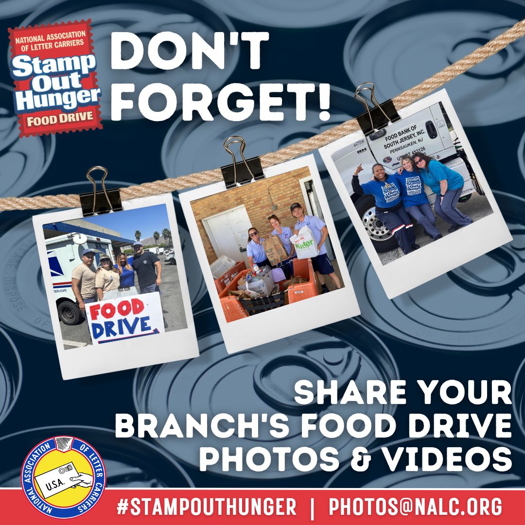 NALC_National's tweet photo. Tomorrow is the big day! Branches, make sure to capture the day by taking photos and videos of your #StampOutHunger Food Drive highlights. Share them on your social media pages and send them our way at photos@nalc.org. Thank you for everything you do to fight hunger in communities across the country!