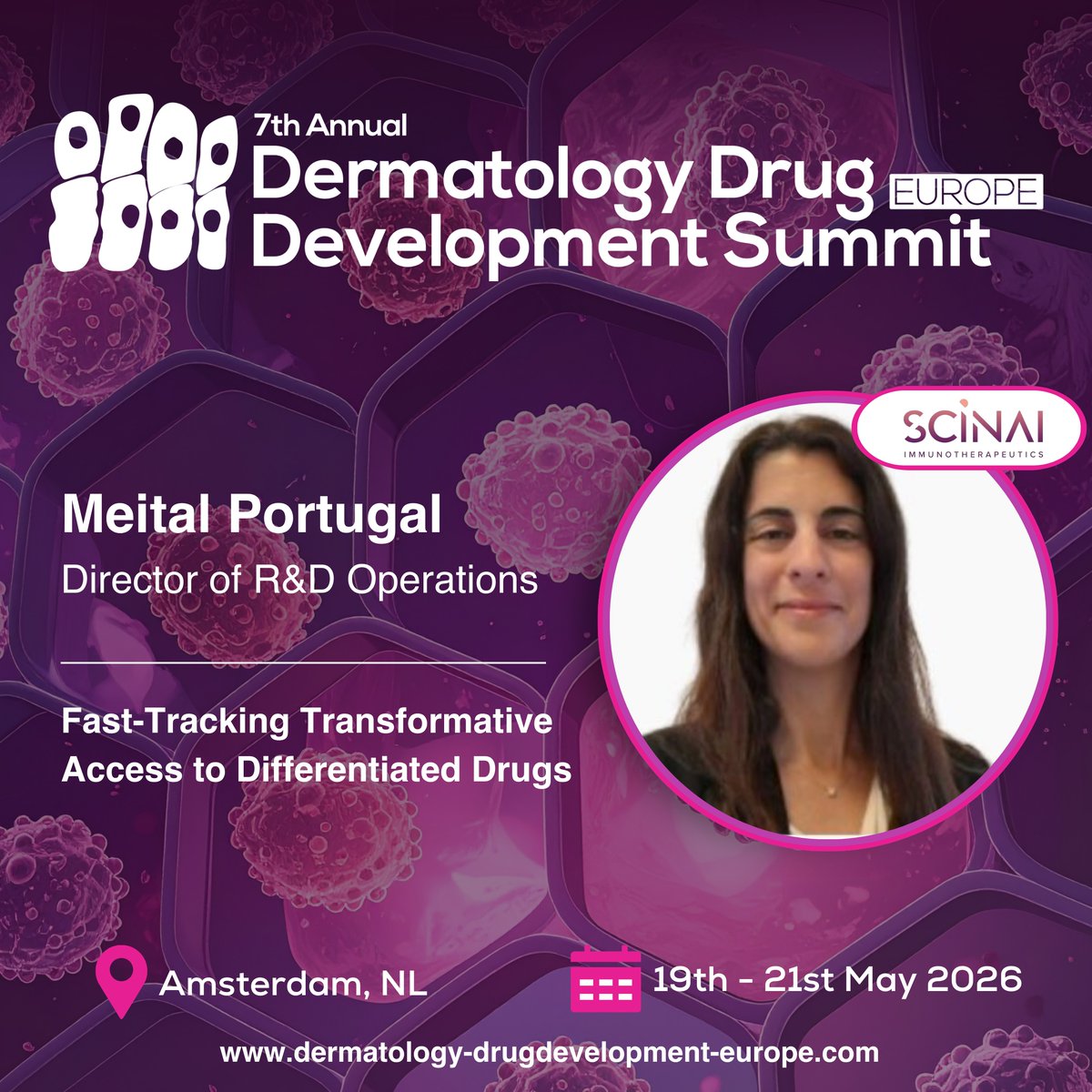 scinai's tweet photo. 📣 Save the Date!

Scinai Immunotherapeutics is pleased to announce that our CEO, Amir Reichman, and Head of R&D, Meital Portugal, will be speaking at the 7th Annual Dermatology Drug Development Summit Europe taking place May 19–21, 2026 in Amsterdam, Netherlands.

The Scinai team will be speaking on a panel titled: “Fast-Tracking Transformative Access to Differentiated Drugs”.

We look forward to joining industry leaders and innovators to discuss the future of dermatology drug development and advancing differentiated therapies for patients in need!

📍 Amsterdam, NL
📅 May 19–21, 2026

#Scinai #Immunotherapy #Dermatology #DrugDevelopment #Biotech #Innovation #DDDSummitEurope