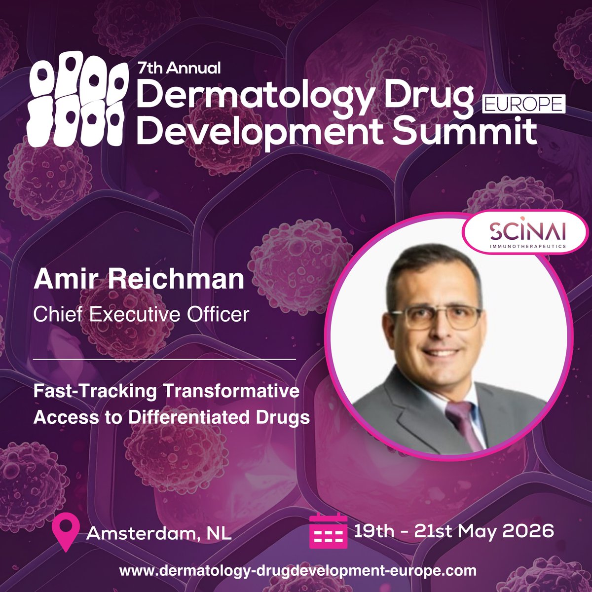 scinai's tweet photo. 📣 Save the Date!

Scinai Immunotherapeutics is pleased to announce that our CEO, Amir Reichman, and Head of R&D, Meital Portugal, will be speaking at the 7th Annual Dermatology Drug Development Summit Europe taking place May 19–21, 2026 in Amsterdam, Netherlands.

The Scinai team will be speaking on a panel titled: “Fast-Tracking Transformative Access to Differentiated Drugs”.

We look forward to joining industry leaders and innovators to discuss the future of dermatology drug development and advancing differentiated therapies for patients in need!

📍 Amsterdam, NL
📅 May 19–21, 2026

#Scinai #Immunotherapy #Dermatology #DrugDevelopment #Biotech #Innovation #DDDSummitEurope