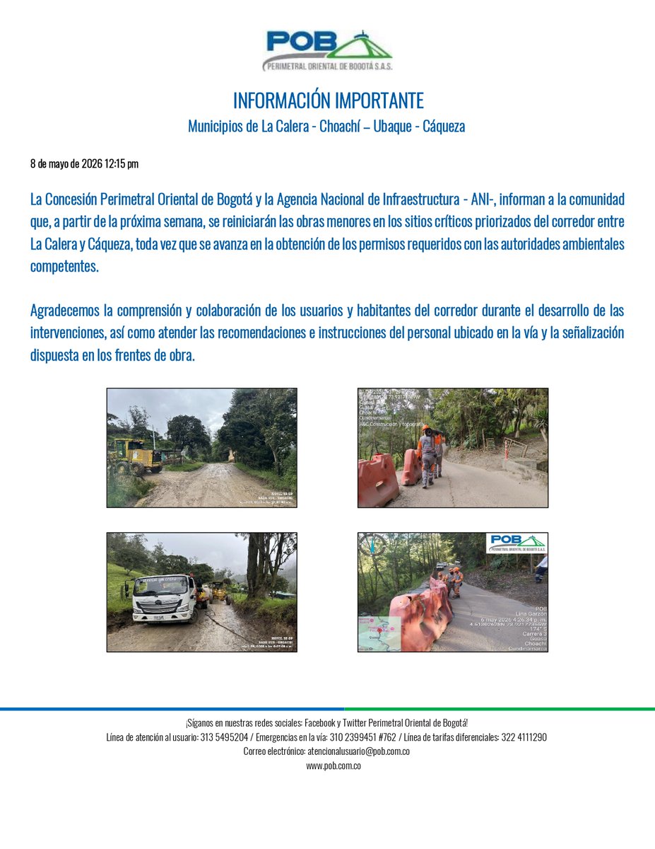PerimetralOB's tweet photo. 📢 Atención! La próxima semana se reinician obras menores en puntos críticos del corredor La Calera Cáqueza. 🚧 Estas  estan sujetas con la obtención de permisos de las autoridades ambientales.

Por favor seguir las instrucciones del personal y respetar la señalización. 👷‍♀️🛣️👇 https://t.co/RY7KQCCmhC