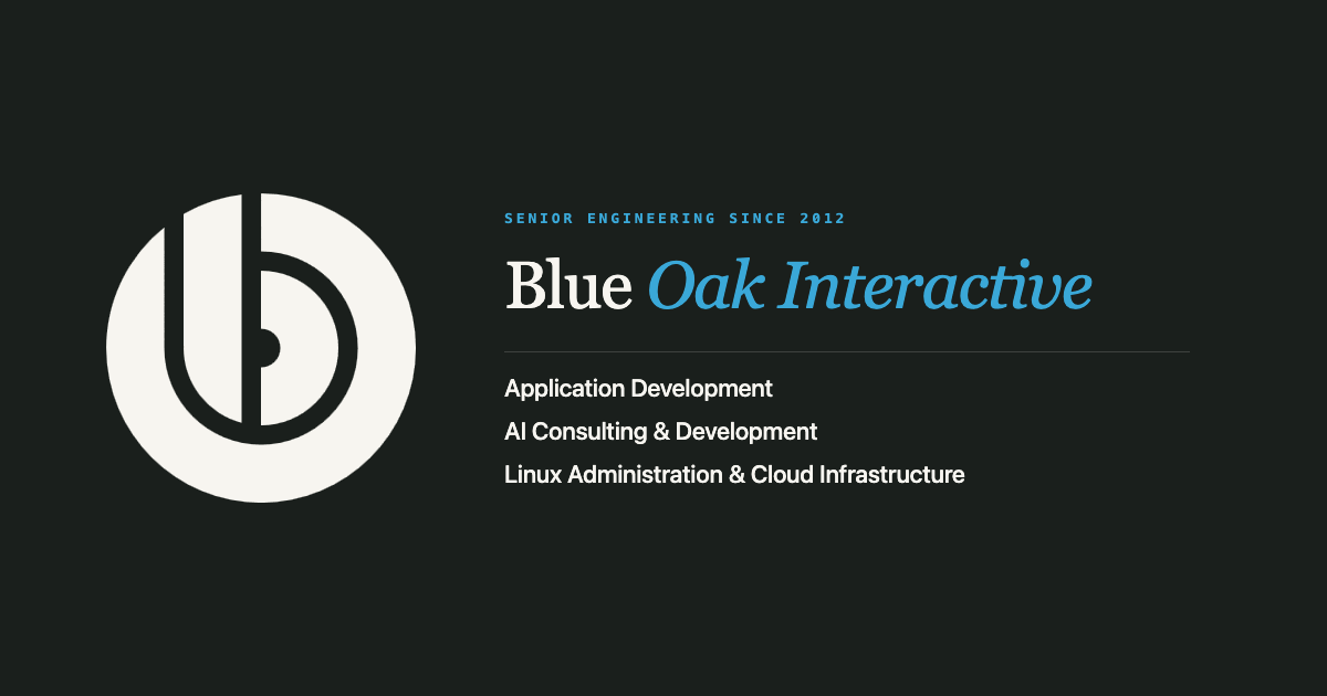 AndyG5000's tweet photo. Blue Oak Interactive has a new website and focus after 14 years. Broadening the tools, pairing problems with stable modern solutions. Apps (Drupal, React, Hono). AI consulting (local, Bedrock, Cloudflare). Infra consulting (IaC). 

New site is up 🚀: https://t.co/UOKc13bU2j https://t.co/brtjlodUZ4