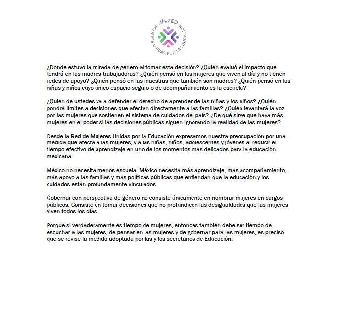 POSICIONAMIENTO DE LA RED DE MUJERES UNIDAS POR LA EDUCACIÓN
Adelantar el cierre del ciclo escolar también es una decisión contra las mujeres

La decisión de la Secretaría de Educación Pública y de las autoridades educativas estatales de adelantar un mes el cierre del ciclo