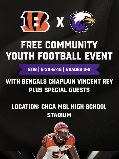 CHCA_football's tweet photo. Join us May 19 from 5:30-6:45 PM, for our FREE community youth football event with CHCA Football and Bengals team chaplain Vincent Rey and a few special guests! 

The camp is open to ANYONE in grades 3-8 (including non-CHCA families).

Registration information coming soon! https://t.co/H3lbfcRbk8