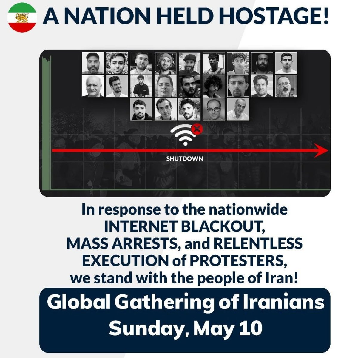 DCprotests4Iran's tweet photo. ✊ Call by His Majesty Reza Shah II

✊ In response to the nationwide internet shutdown, mass arrests, and the nonstop execution of Iranians

📣 We will be the voice of the people of Iran!

🗓 May 10, 2026
🕑 2:00 PM
📍 Gathering begins at the World War I Memorial Park (Google Maps), followed by a march toward the White House.

@DCProtests4Iran