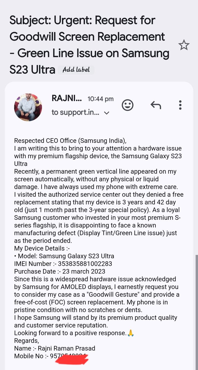 ramankr228's tweet photo. @SamsungIndia @SamsungSupport I have faced a green line issue on my S23 Ultra. Already emailed CEO office but service center denied help. Requesting a goodwill replacement for this manufacturing defect. Case details sent via email. https://t.co/l4The9DVh9