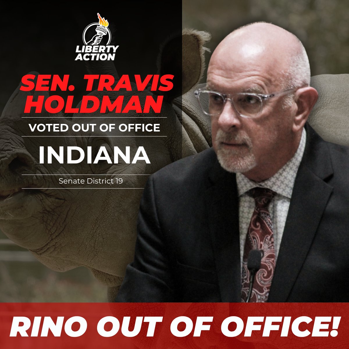 LibertyAction25's tweet photo. RINO ousted in Indiana!

Let this be a lesson for every RINO in Indiana.
Senator Travis Holdman was a member of leadership and had served in the Indiana Senate for 17 years.

He lost his primary on Tuesday.

His fatal flaw was that he had developed a nasty habit of ignoring the voters.

He ignored the grassroots patriots of Senate District 19 one too many times, and now they have voted to send him home.
