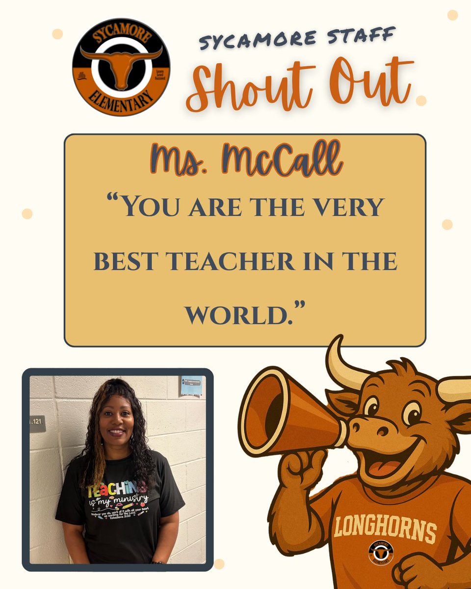 SycamoreES's tweet photo. Today's shout out was sent in for Ms. McCall! You are appreciated! 🧡 https://t.co/zZllEyOzi6