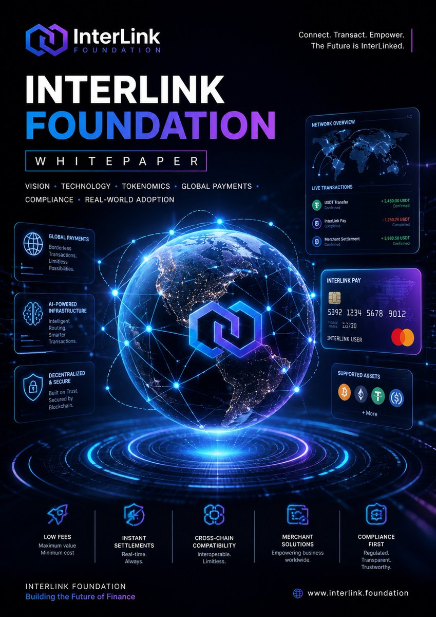 AnithaPotty's tweet photo. Create a futuristic, premium crypto-themed whitepaper cover for “InterLink Foundation”. The design should feel like a next-generation blockchain ecosystem combining finance, AI, and global payment infrastructure
#Interlink #Itlg #Itl https://t.co/EKYwQJH2wX
