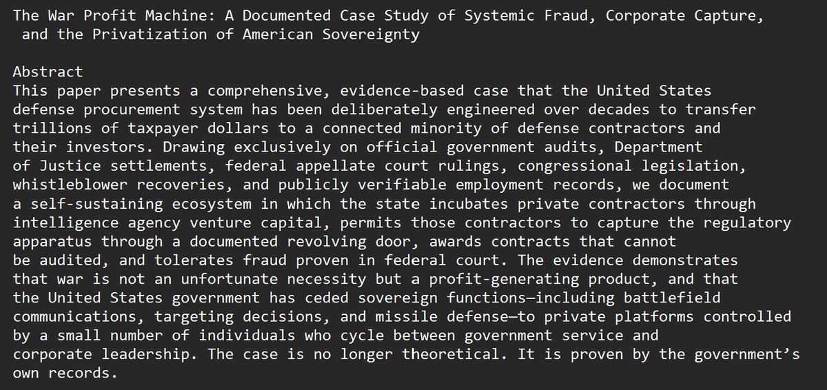 ConTorrents's tweet photo. The War Profit Machine: A Documented Case Study of Systemic Fraud, Corporate Capture, and the Privatization of American Sovereignty

https://t.co/WonrOk4fT2

https://t.co/2GaHwh8Xwf https://t.co/OzxmUuI8dD