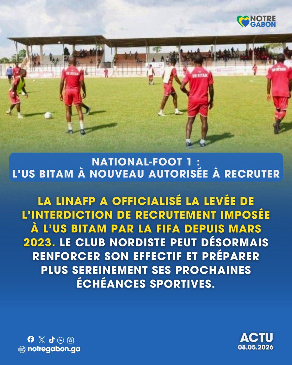 GabonNotre37988's tweet photo. L’US Bitam retrouve la possibilité de recruter après la levée de la sanction imposée par la FIFA.
Une décision importante pour le club nordiste, qui peut désormais préparer l’avenir et renforcer son effectif.
#Gabon #Football #USBitam #NationalFoot #Sport #FIFA #LINAFP https://t.co/M86J4whM5u