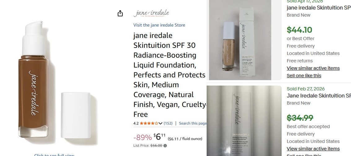 Pricerrors's tweet photo. PRICE GLITCH ON JANE IREDALE FOUNDATION

Amazon has the "74 Deep" color for only $6.

All other colors are $56+ (ebay comps at $40)

Check all shade colors & sub/save.

https://t.co/Mz5QusNmk3 #ad