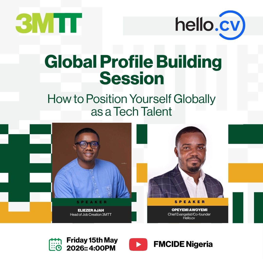 3MTTNigeria's tweet photo. Ready to take your tech career global?

Join our Global Profile Building Session to learn how to position yourself as a top-tier tech talent for international roles!

Date: Friday, May 15, 2026
Time: 4:00 PM
YouTube: https://t.co/9g3WLj2y2R

Don't miss out!

#3MTT #GlobalTech https://t.co/4aCfoADwAT