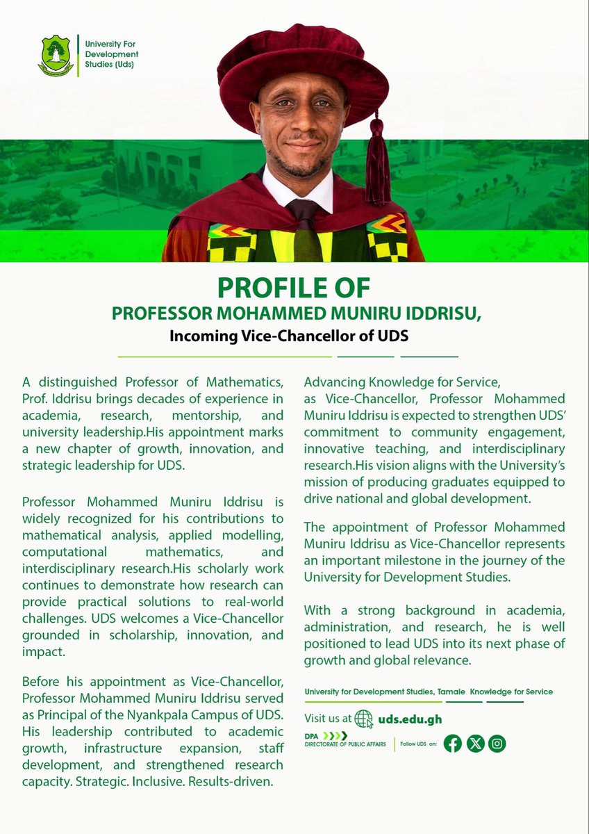 uds_official's tweet photo. Meet Prof. Muniru, UDS’s incoming VC.
A distinguished mathematician & results-driven leader ready to advance innovation, community engagement, & academic excellence.
Welcome, Prof. Iddrisu! 🙌🎓
#UDS #NewVC #MeetProfMuniru https://t.co/H2wbz8muIG