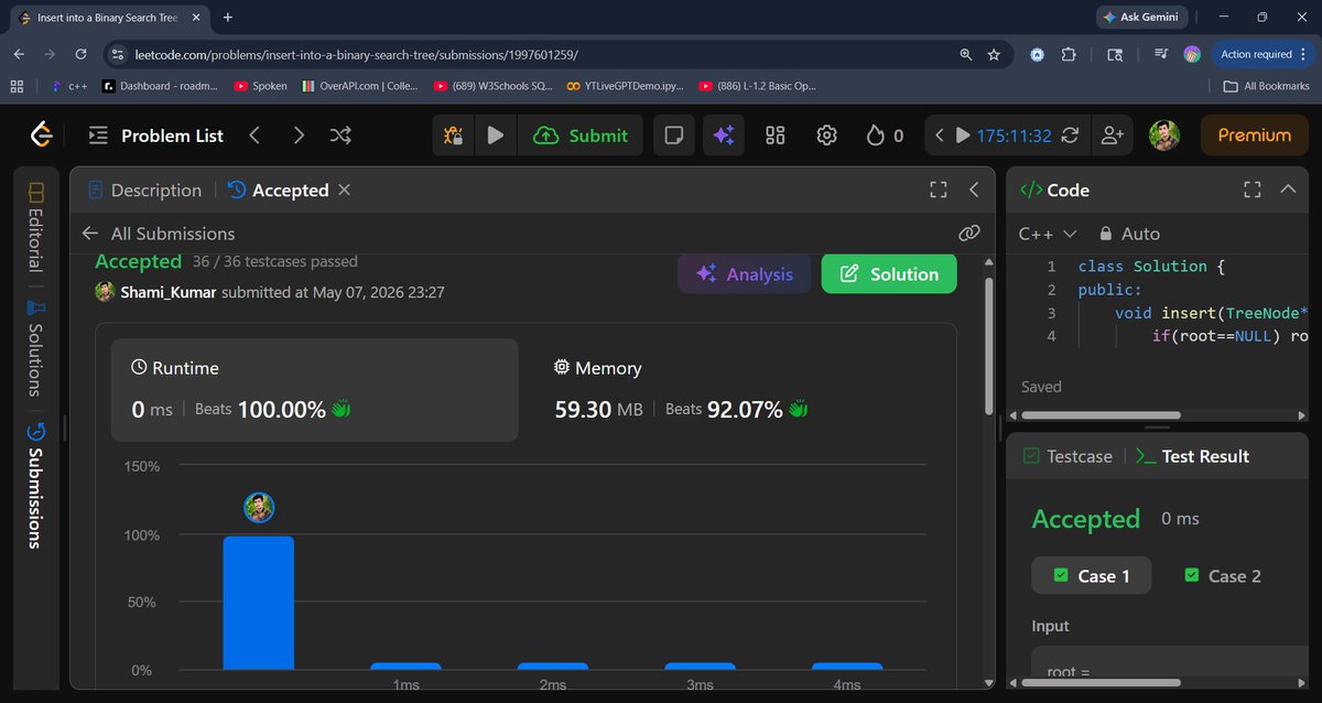 Shami_Kumar1's tweet photo. Day 92 🚀
Solved “Insert into a Binary Search Tree” using recursion in C++ 🌳
Accepted with 0 ms runtime ⚡
Learning BST traversal and insertion logic step by step 💯
#leetcode #dsa #cpp #coding #bst #programming #100DaysOfCode https://t.co/JnxBOslbp4