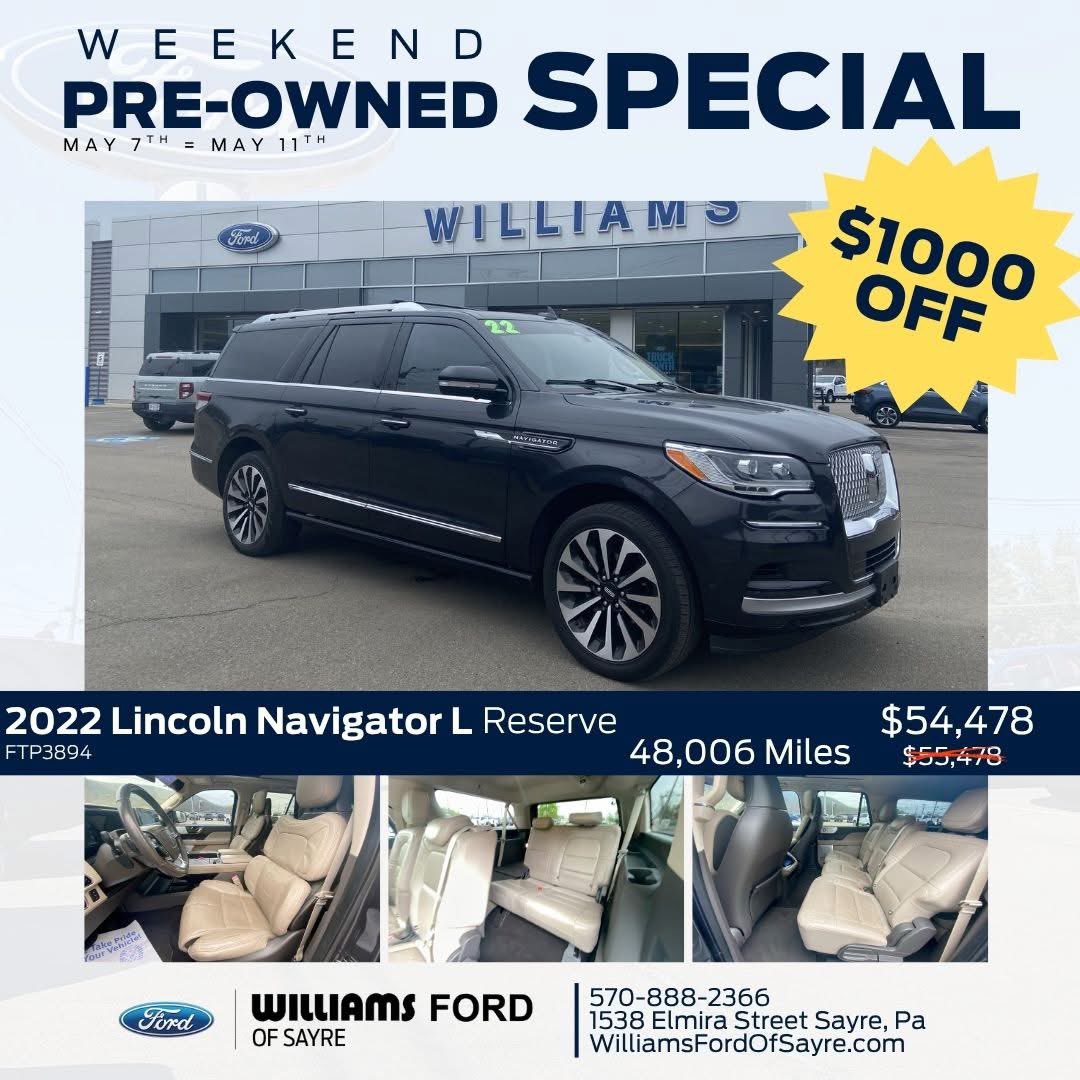 WilliamsFordPa's tweet photo. Big SUV energy + BIG weekend savings! Get $1,000 OFF the incredible 2022 Lincoln Navigator L Reserve before the weekend ends! 💎

🔗 - https://t.co/V1VQk7tXMP https://t.co/oPmyG1Jzti