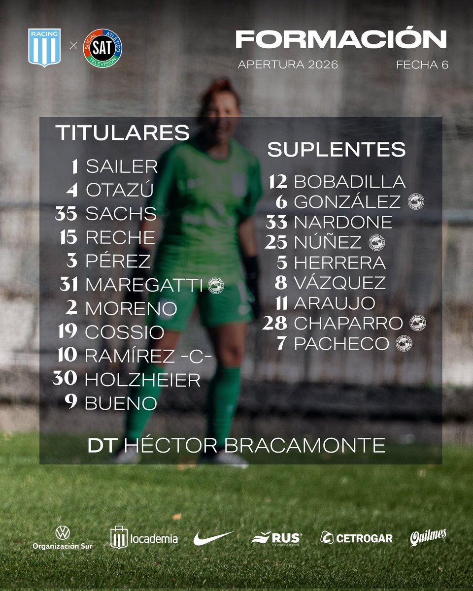 #FutbolFemenino
Formación de Racing confirmada para enfrentar a SAT.
En vivo desde las 15 horas por lpfplay.com.

📷 <a href="/RacingClub/">Racing Club</a>