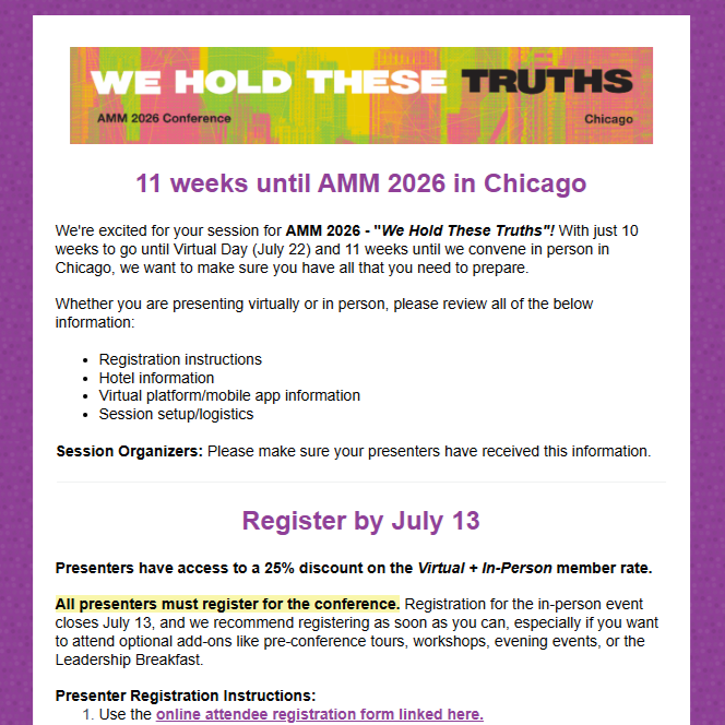 MidWestMuseums's tweet photo. 📢 #AMM_2026 Chicago Presenters - watch your inboxes today for reminders! Whether you are presenting virtually or in-person, this is your source for important information to help you plan and prepare.

Learn more: https://t.co/kdk89JJ0Wa

#WeHoldTheseTruths #MidwestMuseums https://t.co/SQy3kYh9gH