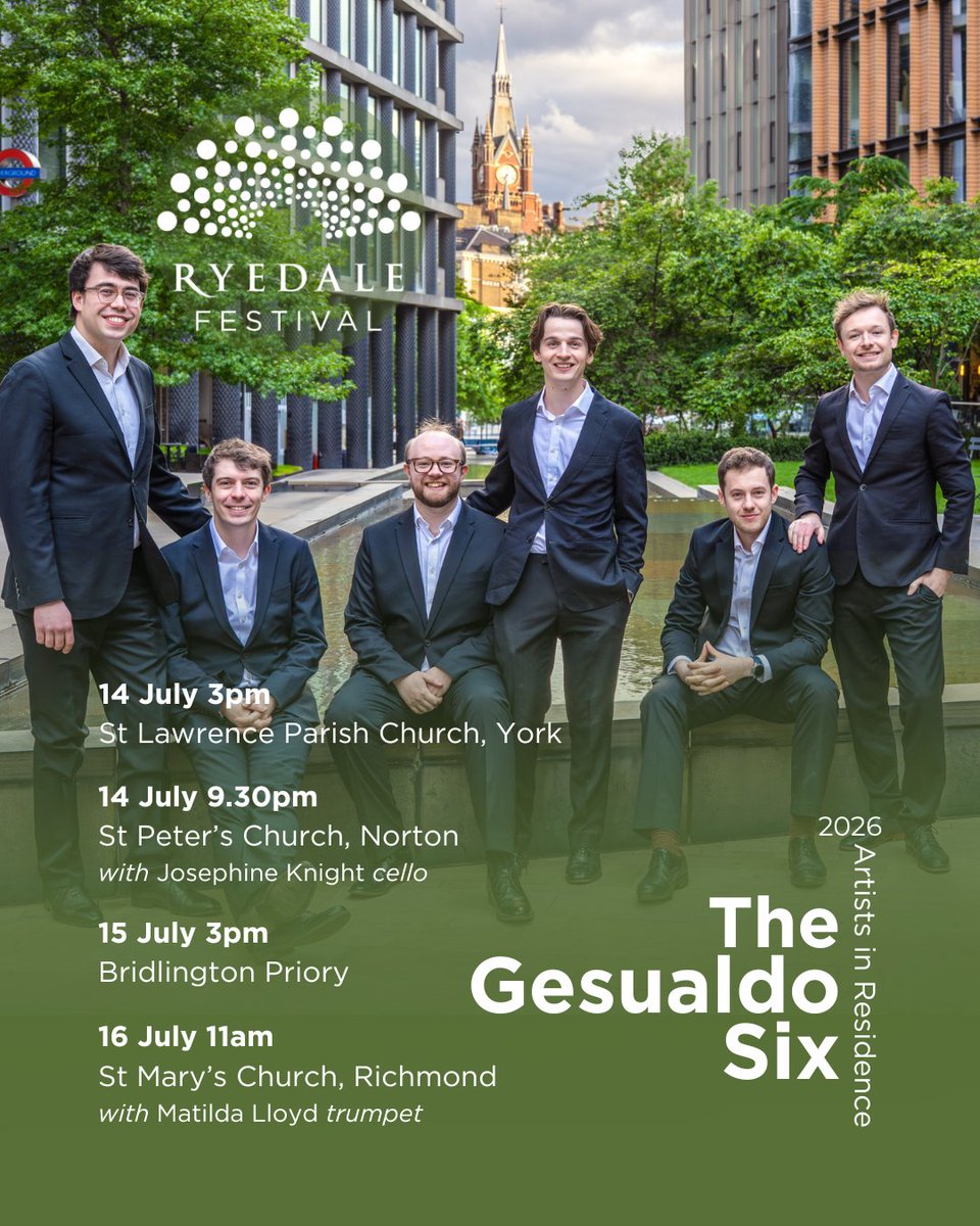 ryedalefestival's tweet photo. Join @TheGesualdoSix on their 𝘊𝘩𝘰𝘳𝘢𝘭 𝘑𝘰𝘶𝘳𝘯𝘦𝘺 this summer across North Yorkshire... and across their extensive repertoire!

As Artists in Residence they will perform music that spans nearly a thousand years in four distinctive and atmospheric churches. From the seaside majesty of Bridlington Priory, with its awe-inspiring stained glass windows, to the beautiful hilltop setting of St Mary’s, Richmond, overlooking the Swale valley, as well as further concerts in York and Norton-on-Derwent, these programmes explore the extraordinary expressive range of the human voice.

Their repertoire stretches from Hildegard von Bingen, Tallis and Weelkes to Stanford and Schubert, and on to the voices of our own time, from folksong to James MacMillan.

Don't miss this incredible vocal ensemble as they tour North Yorkshire this July!

“𝘐𝘯𝘨𝘦𝘯𝘪𝘰𝘶𝘴𝘭𝘺 𝘱𝘳𝘰𝘨𝘳𝘢𝘮𝘮𝘦𝘥 𝘢𝘯𝘥 𝘪𝘮𝘱𝘦𝘤𝘤𝘢𝘣𝘭𝘺 𝘥𝘦𝘭𝘪𝘷𝘦𝘳𝘦𝘥, 𝘸𝘪𝘵𝘩 𝘵𝘩𝘢𝘵 𝘶𝘯𝘥𝘦𝘧𝘪𝘯𝘢𝘣𝘭𝘦 𝘦𝘹𝘤𝘪𝘵𝘦𝘮𝘦𝘯𝘵 𝘵𝘩𝘢𝘵 𝘤𝘰𝘮𝘦𝘴 𝘧𝘳𝘰𝘮 𝘢 𝘨𝘳𝘰𝘶𝘱 𝘰𝘧 𝘮𝘶𝘴𝘪𝘤𝘪𝘢𝘯𝘴 𝘸𝘰𝘳𝘬𝘪𝘯𝘨 𝘢𝘣𝘴𝘰𝘭𝘶𝘵𝘦𝘭𝘺 𝘢𝘴 𝘰𝘯𝘦." @GramophoneMag 

Concert info and booking links in thread below: