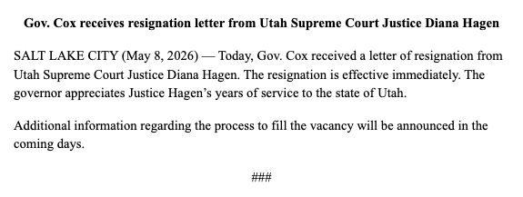 KatieMcKellar1's tweet photo. BREAKING: Utah Supreme Court Justice Diana Hagen has resigned #utpol #utleg https://t.co/u2C5OEua9c